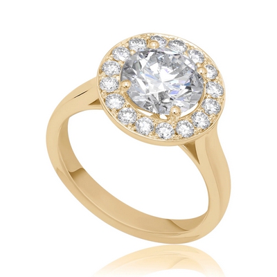 Bague de fiançailles en or jaune et diamant avec halo. Modèle Protégée.
