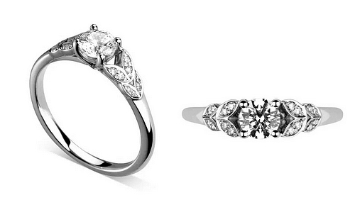 Bague de fiançailles en diamant et platine avec feuilles serties de diamants.