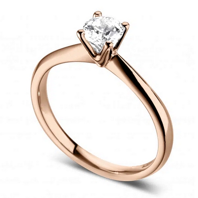 Bague de fiançailles en diamant et or rose à quatre griffes. Modèle Ravissante.
