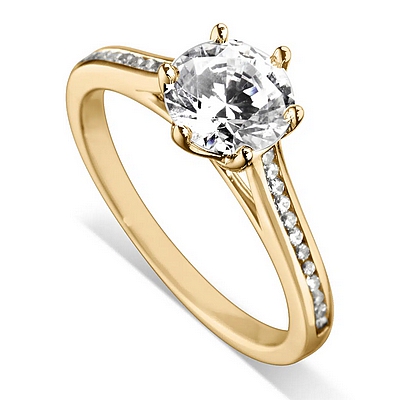 Bague de fiançailles en diamant et or jaune aux épaules serties. Modèle Splendide.