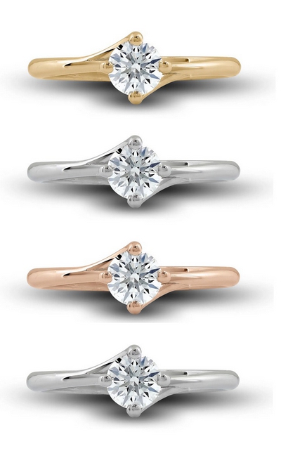 Bague diamant Gracieuse, étreinte nord-sud par quatre griffes, disponible en or jaune, en or blanc, en or rose et en platine.