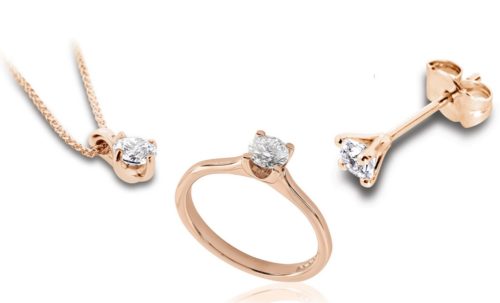 Parure Classique avec bague en diamant, boucles d'oreilles et pendentif en or rose assortis.