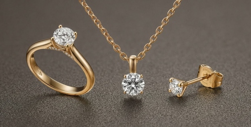 Parure en or jaune et diamant solitaire composée d'une bague, d'un pendentif et de boucles d'oreilles.