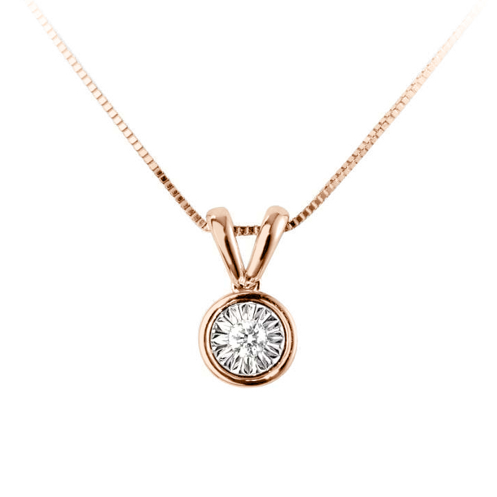Pendentif diamant Scintillant en or rose 18k serti clos, chaîne en or incluse