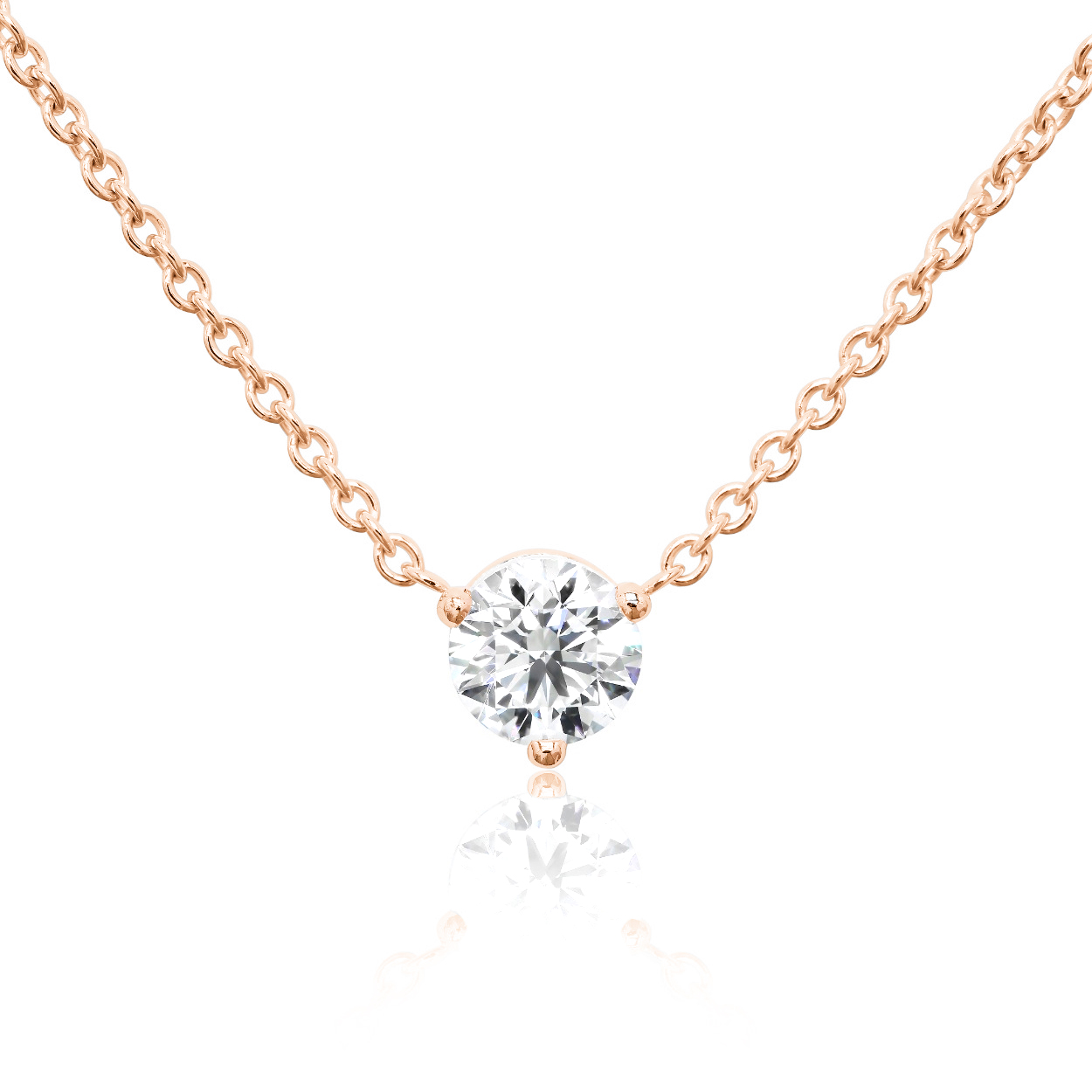 Pendentif diamant solitaire Séduisante à 3 griffes en or rose 18k, chaîne en or incluse