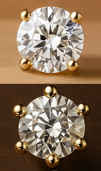 Il existe différents types de sertissage pour vos boucles d'oreilles en or jaune et diamant. Ici des serti à quatre griffes et à six griffes.